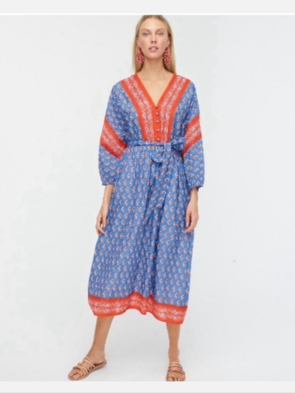 J. Crew Blue and Coral Block Print V-Neck Tie-Waist Midi Dress